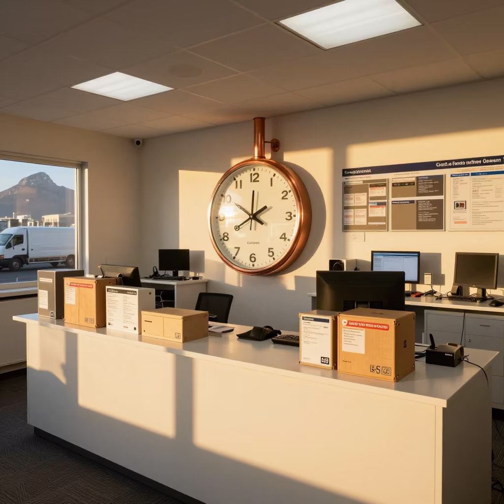 Copper Light Dispatch Clock Cape Town Logistics in inside a dispatch office above the dock in Camps Bay, Cape Town