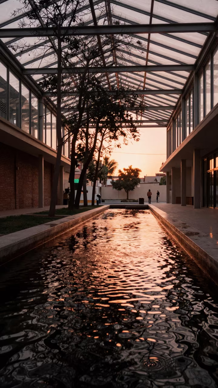 Copper Light Distorts Trees in Nasiriyah Arcade in inside a glass-roofed arcade near Nasiriyah