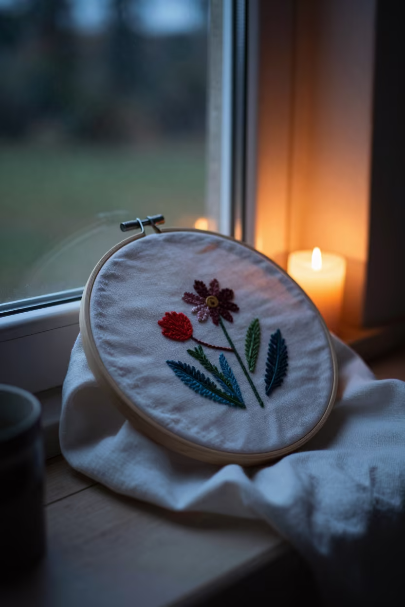 Copper Light on Embroidery Hoop Masvingo in on a window seat in Masvingo