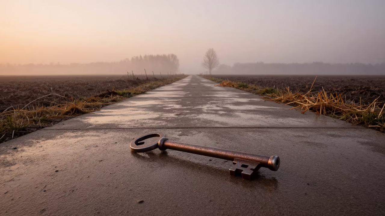 Copper light on flush key damp concrete mist in along a feedlot lane in Poland