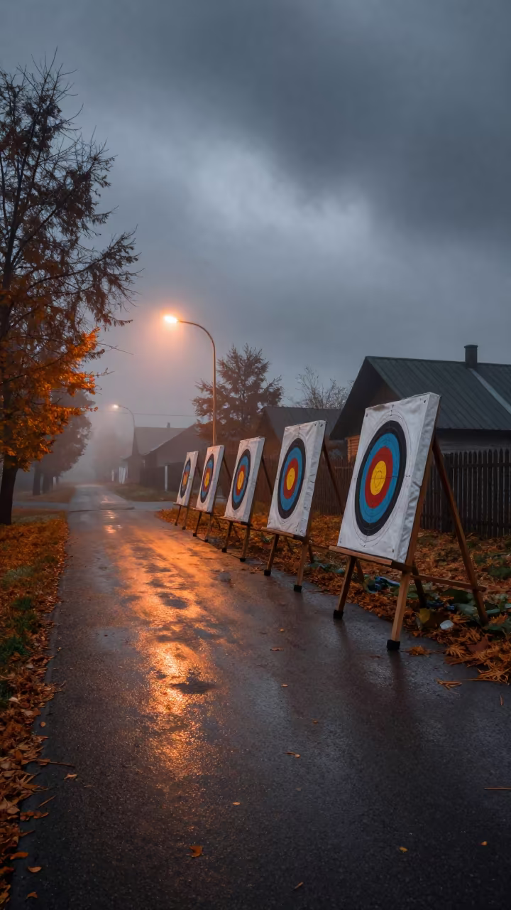 Copper Light on Foggy Archer Lane in Autumn in in a village lane near Yekaterinburg