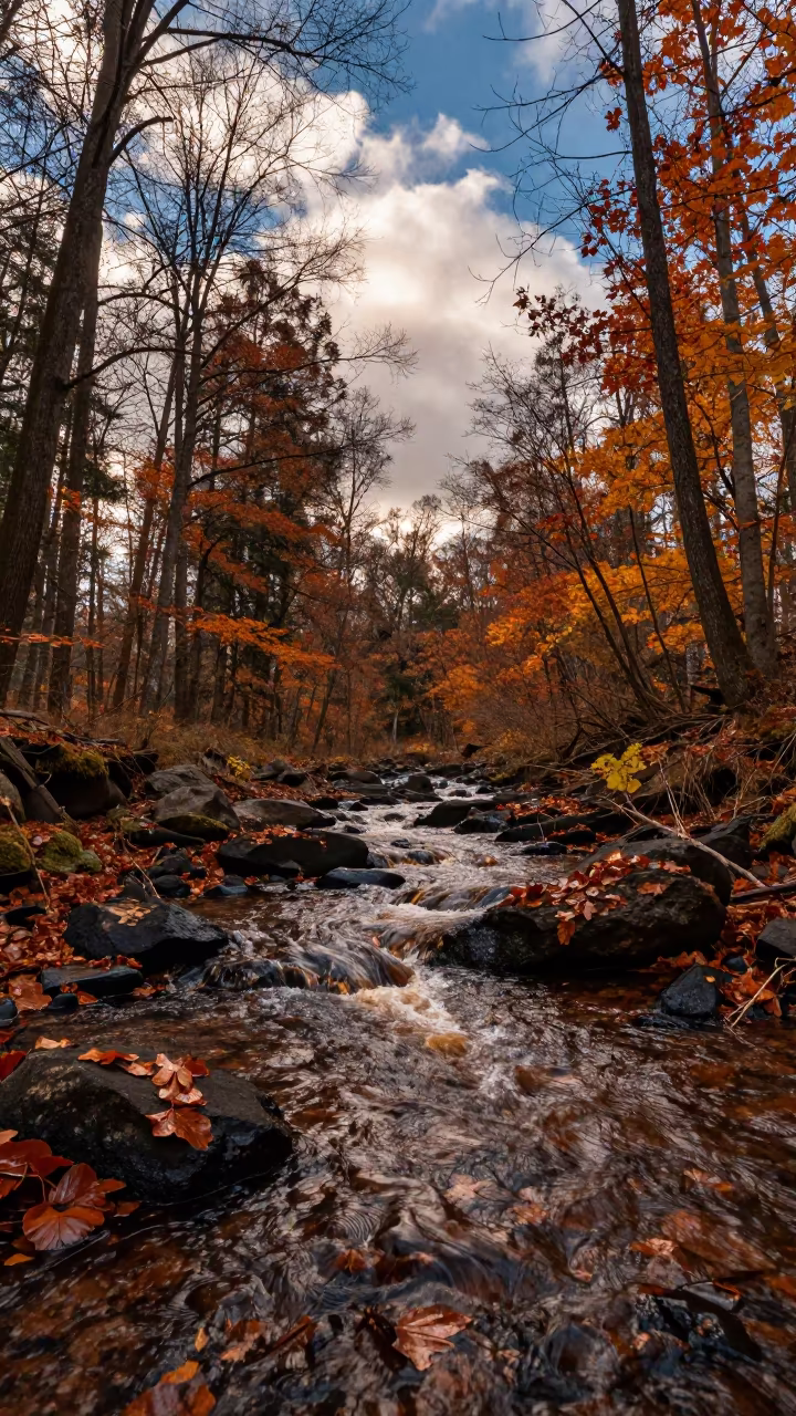 Copper Light on Forest Stream Before Dusk in beneath fast-moving cloud bands near Prague