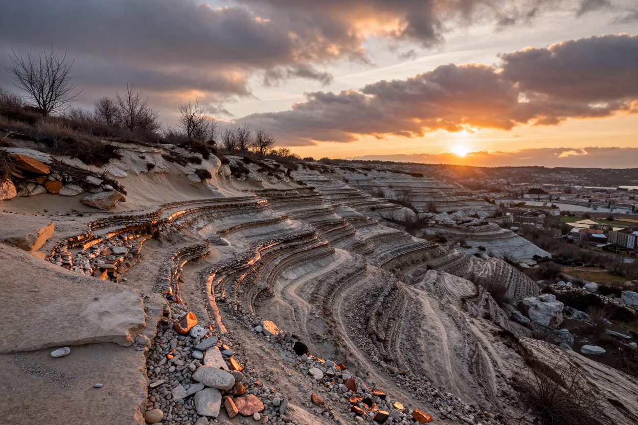 Copper Light on Fossilized Beach Terrace Foothills in from a ridge above layered foothills near Marseille