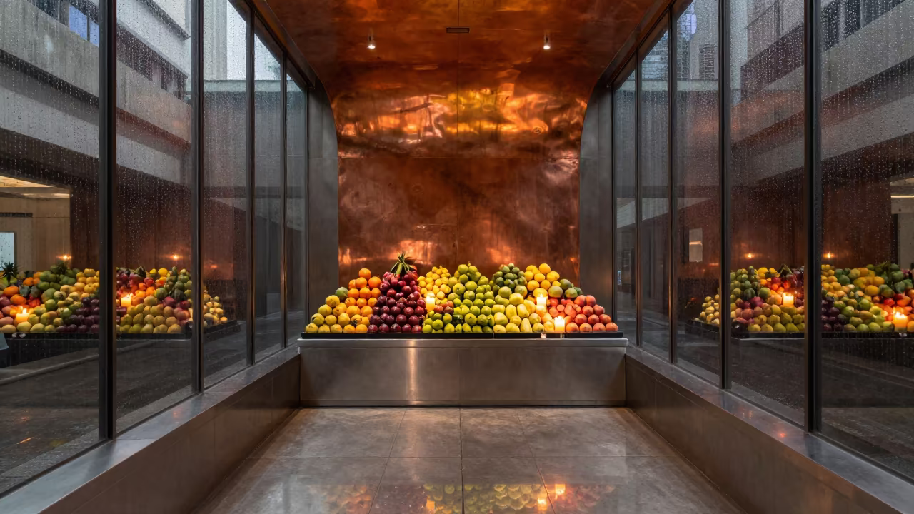 Copper Light Fruit Reflections in São Paulo Steel in inside a vaulted atrium in São Paulo