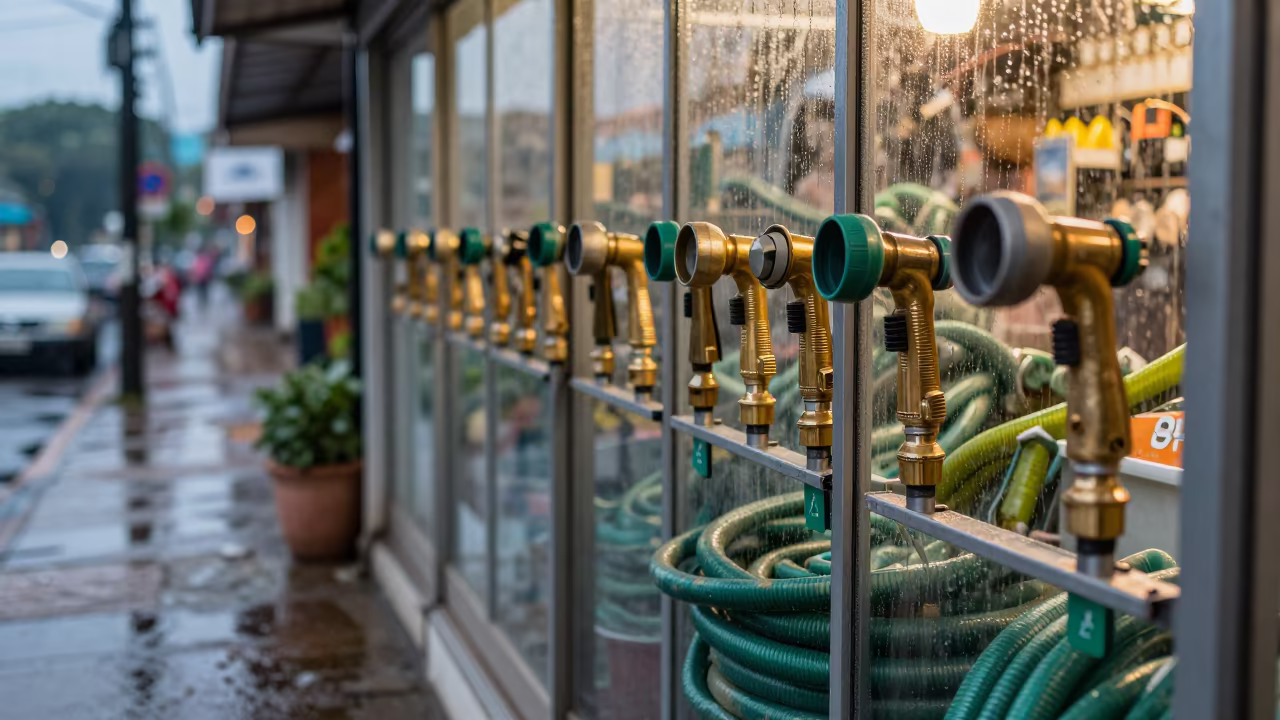 Copper light on garden hose nozzles wet street in along a storefront glass line on a wet street in Mandalay