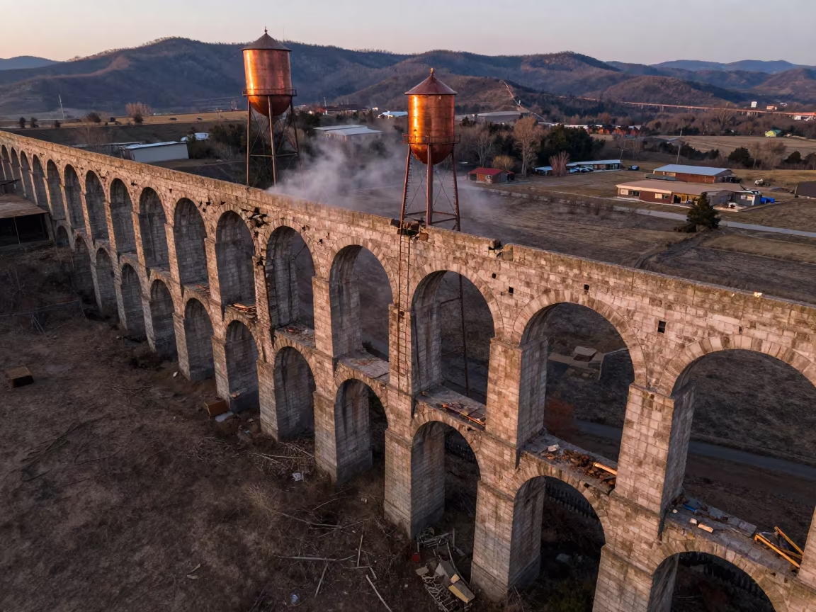 Copper Light on Georgia Aqueduct Arches in beside a water tower ladder in Georgia