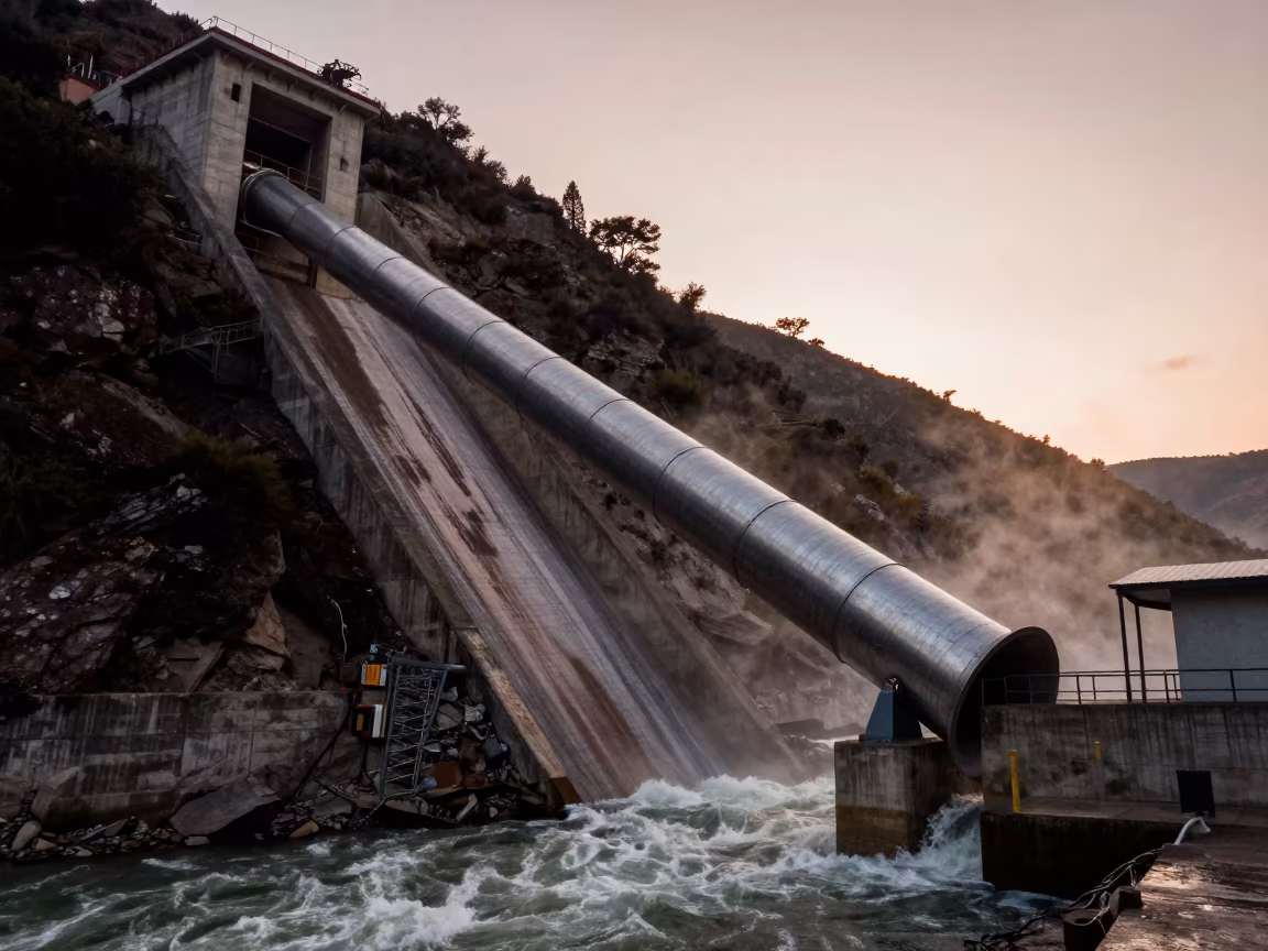Copper Light on Hydro Penstock Descending Mountain in along concrete walls above turbulent water in Bolivia