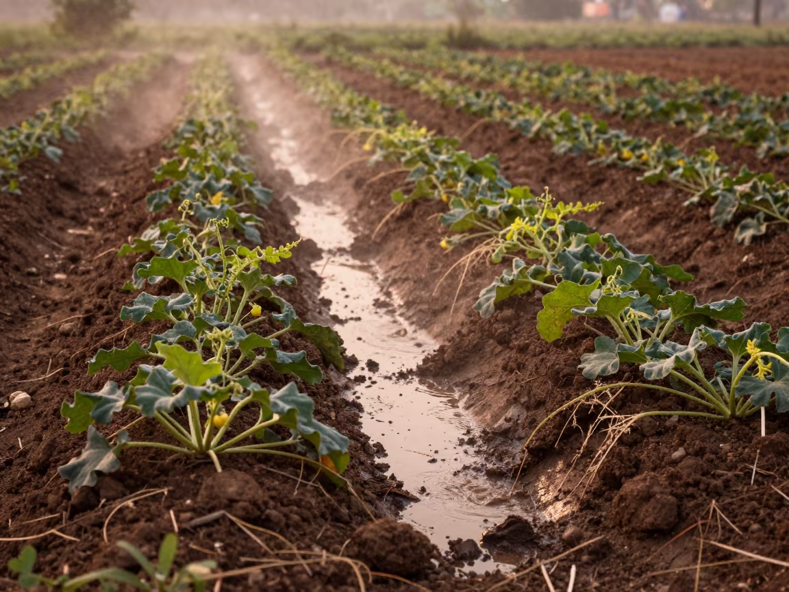 Copper Light Over Irrigation Runoff in Indian Melon Fields in along freshly irrigated rows in India