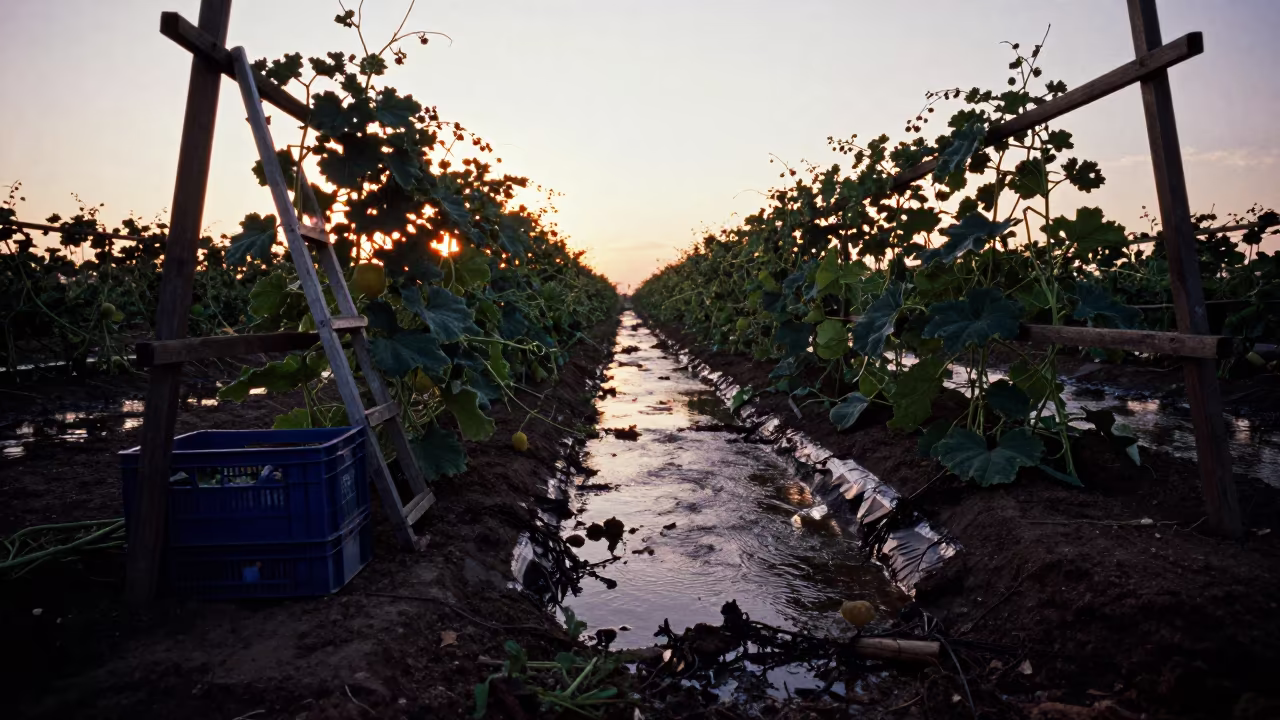 Copper light on irrigation runoff pooling in melon vines in among orchard ladders and crates in Yaritagua