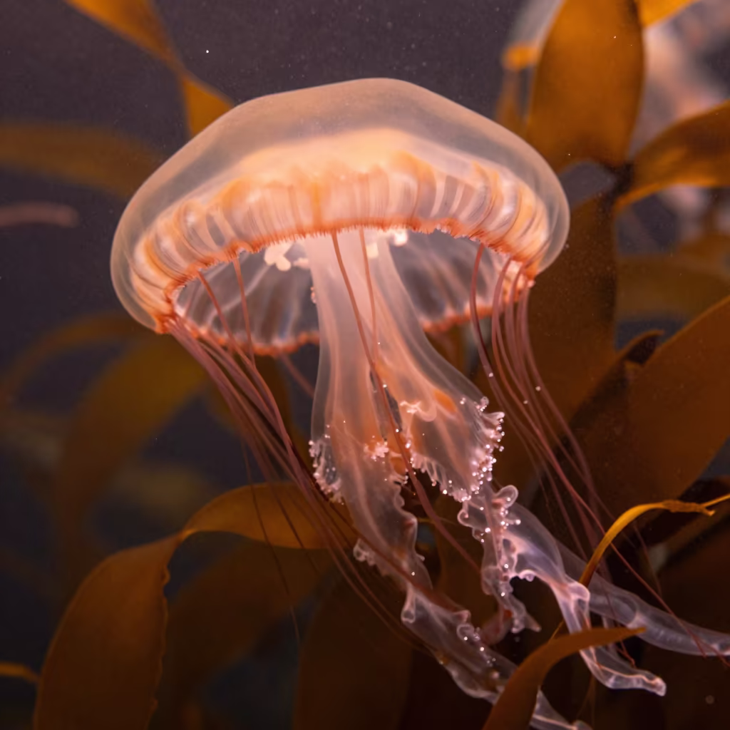 Copper Light Jellyfish Kelp Portugal in through a forest of kelp fronds in Portugal