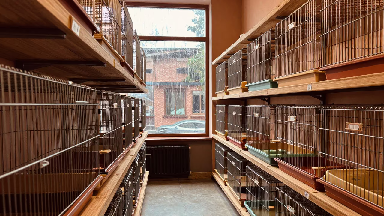 Copper Light on Kennel Puzzle Shelf in Tbilisi in inside a pet store aisle in Tbilisi
