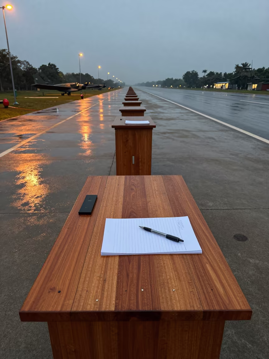 Copper Light Ledger Desk Wet Season Airbase in along an airbase flight line in Odisha