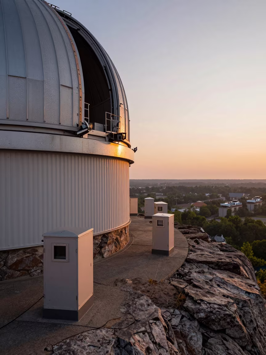 Copper Light Observatory Deck at Dusk in along a rocky geology outcrop near Des Moines