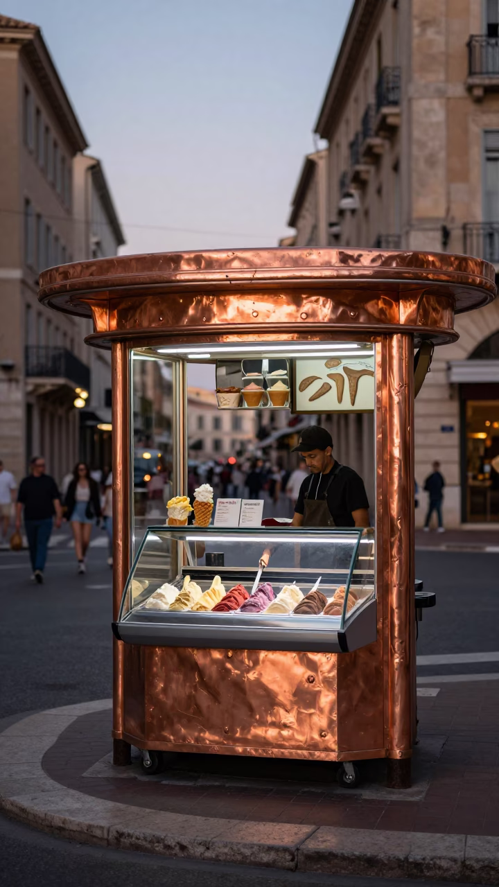Copper Light on Marseille Street Corner with Gelato Display and Vintage Motorcycle in in Marseille, France