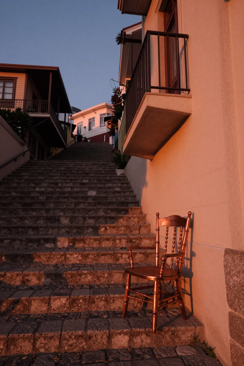 Copper Light on Valparaiso Steps with Spindle Chair and Houseplants in in Valparaiso, Chile