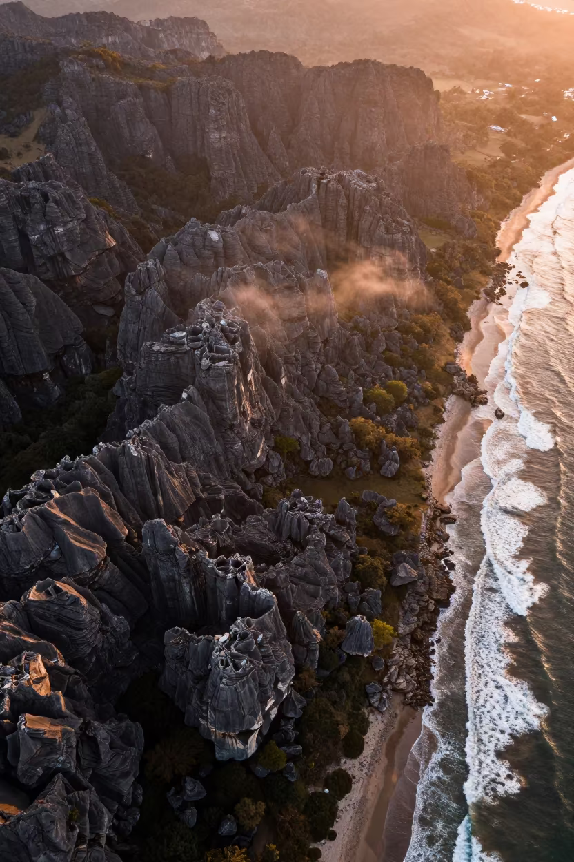 Copper Light Over Limestone Karst Coastline in far above surf-scalloped coastline near Malindi