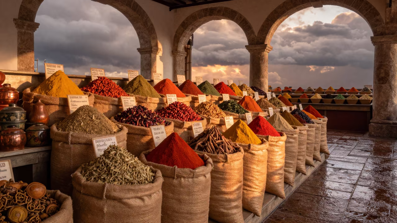 Copper Light Over Spice Counter Pinar del Rio in in a covered bazaar aisle in Pinar del Río