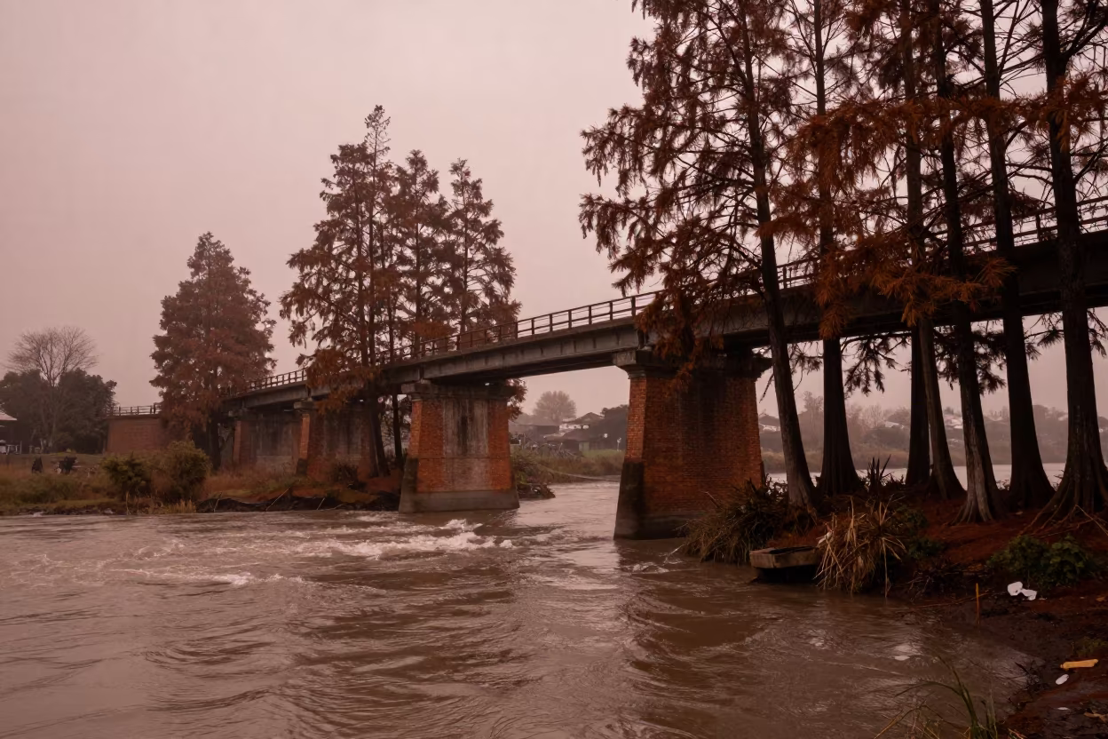 Copper Light Over Viaduct Cúa Kilns in beside a bridge pier above moving water in Cúa