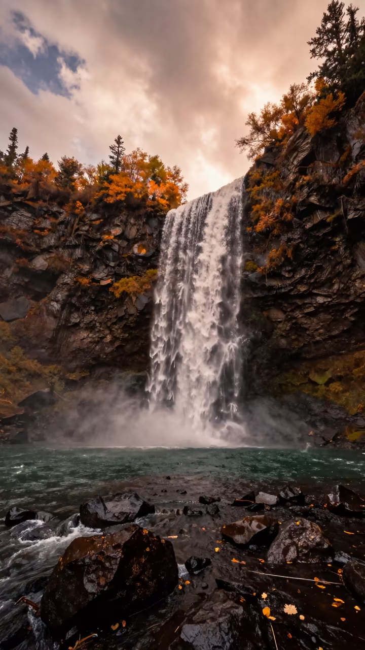 Copper Light Plunge Pool Below Narrow Waterfall in near Almaty