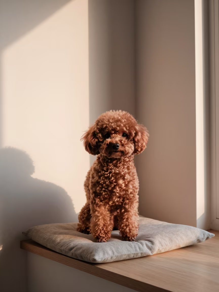 Copper Light Portrait of Teacup Poodle on Window Seat in on a cushioned window seat with soft side light and an uncluttered background near Kinshasa