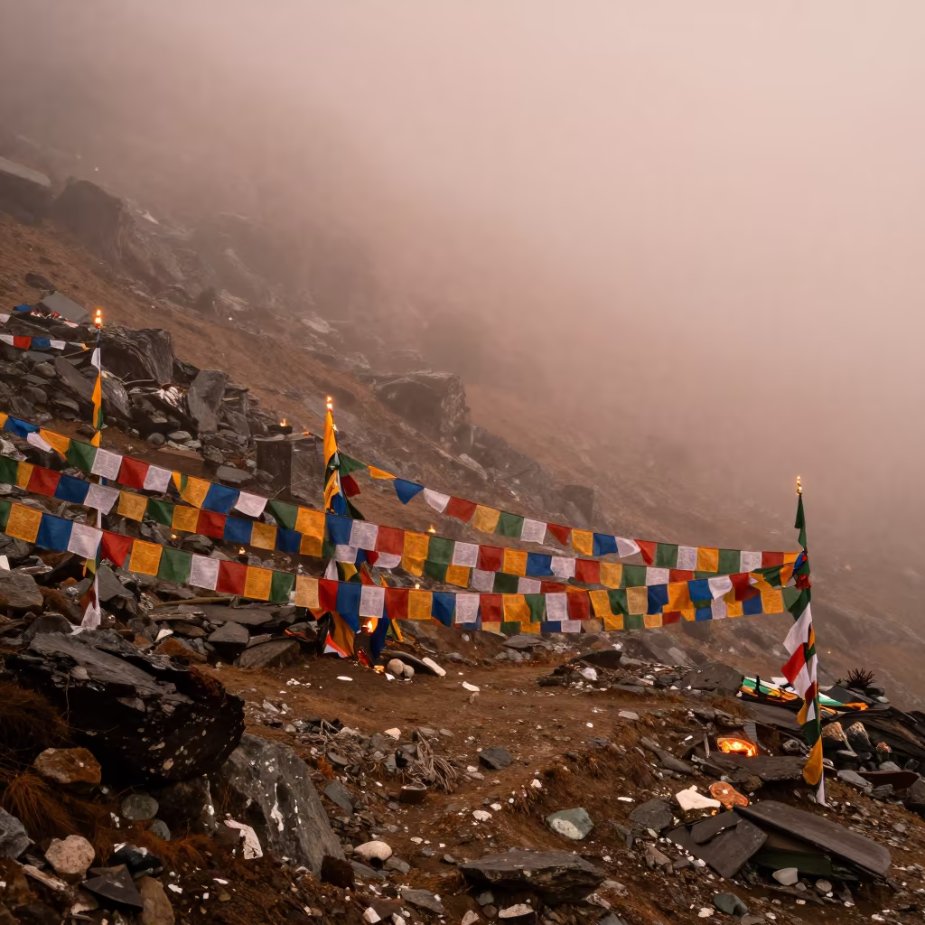 Copper Light Prayer Flags High Mountain Pass Kathmandu in along a high mountain pass beneath prayer flags near Kathmandu