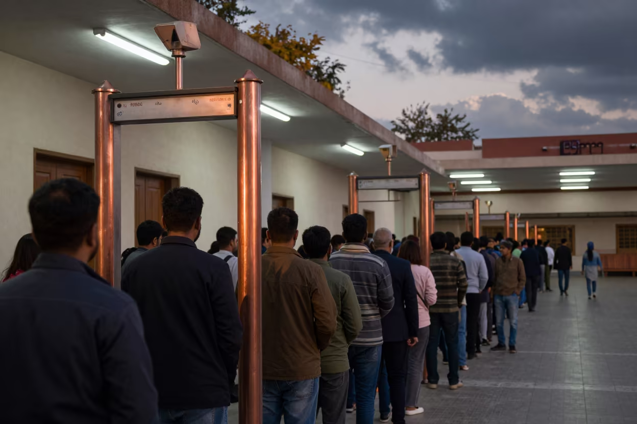 Copper Light Queue at Jammu Courthouse Metal Detector in in a fluorescent town hall meeting room near Jammu