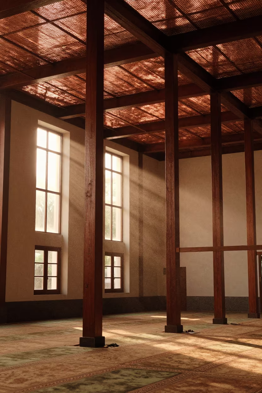 Copper Light Falls on Redwood Cathedral in Gulu Mosque in in a mosque prayer hall in Gulu