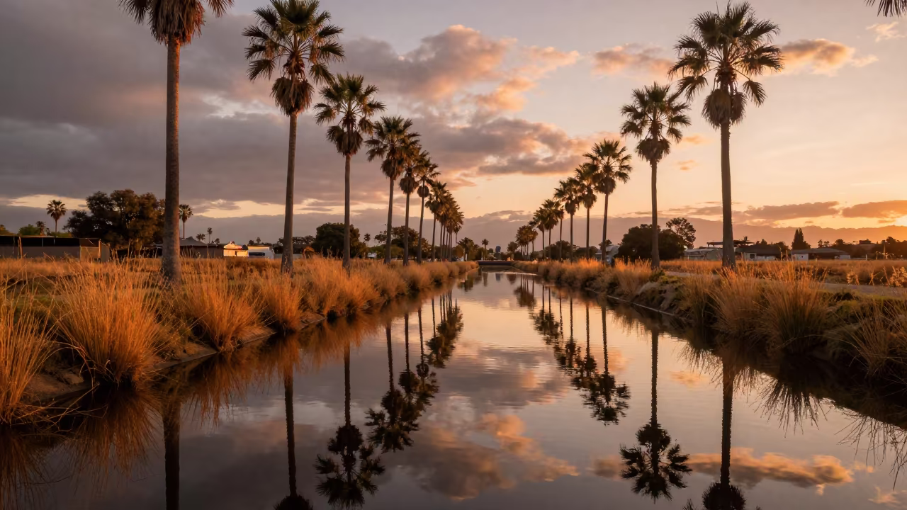 Copper Light Reflecting Palms on British Columbia Canal in in British Columbia