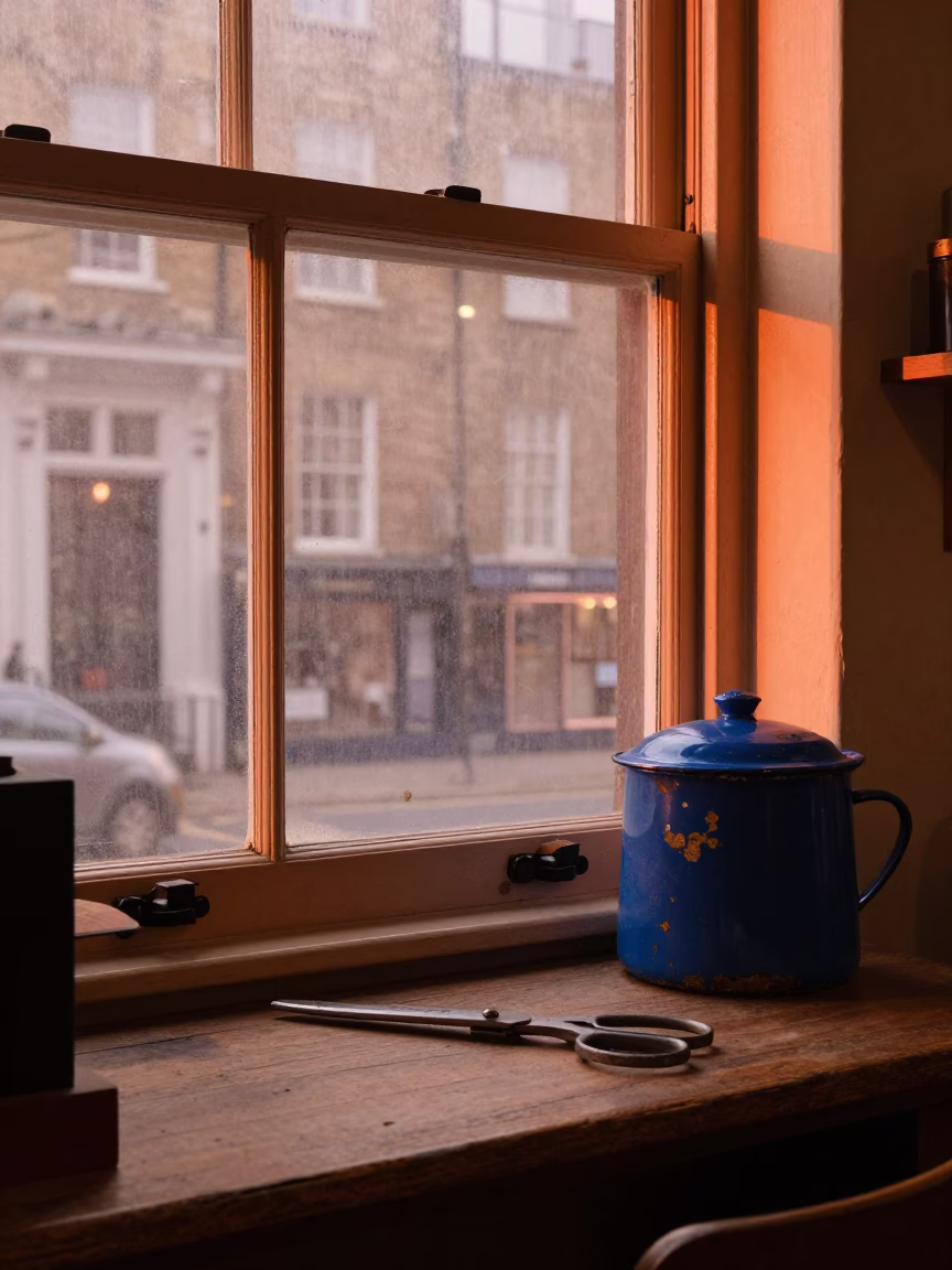 Copper Light Reveals Vintage Shop Interior in London Before Dusk in in London, United Kingdom