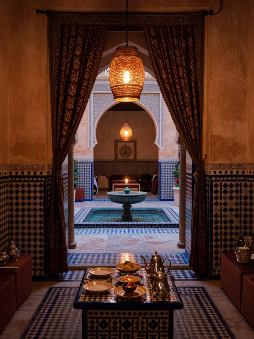 Copper Light Riad Breakfast Alcove Marrakech in in a quiet guest corridor in Jemaa el-Fna, Marrakech