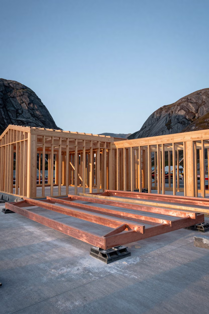 Copper Light on Roof Truss Delivery in Norway Fjords in beside a framed building shell in the Fjords of Norway