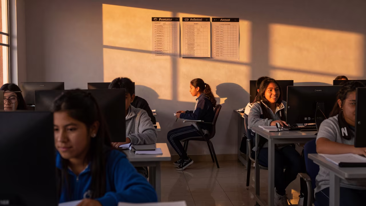 Copper Light in San Blas School Corridor in in a computer lab before lessons in San Blas, Cusco