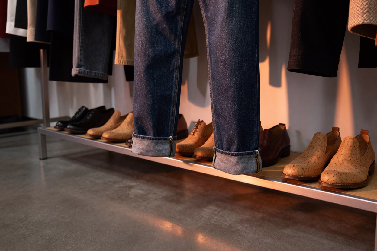 Copper Light on Selvedge Denim and Cedar Shoe Trees in inside a couture atelier in Dashilar, Beijing