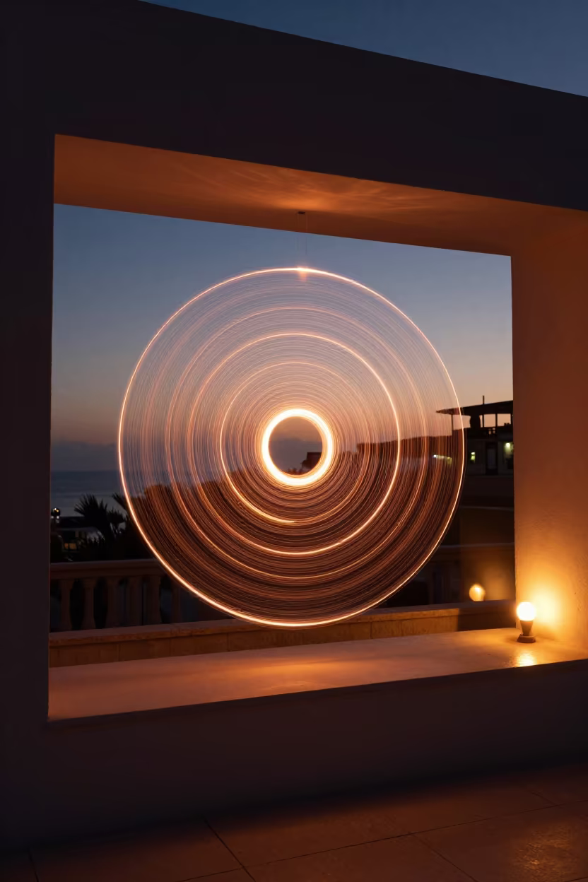 Copper Light Spiral Display on Haifa Ledge in on a painted display ledge in Haifa