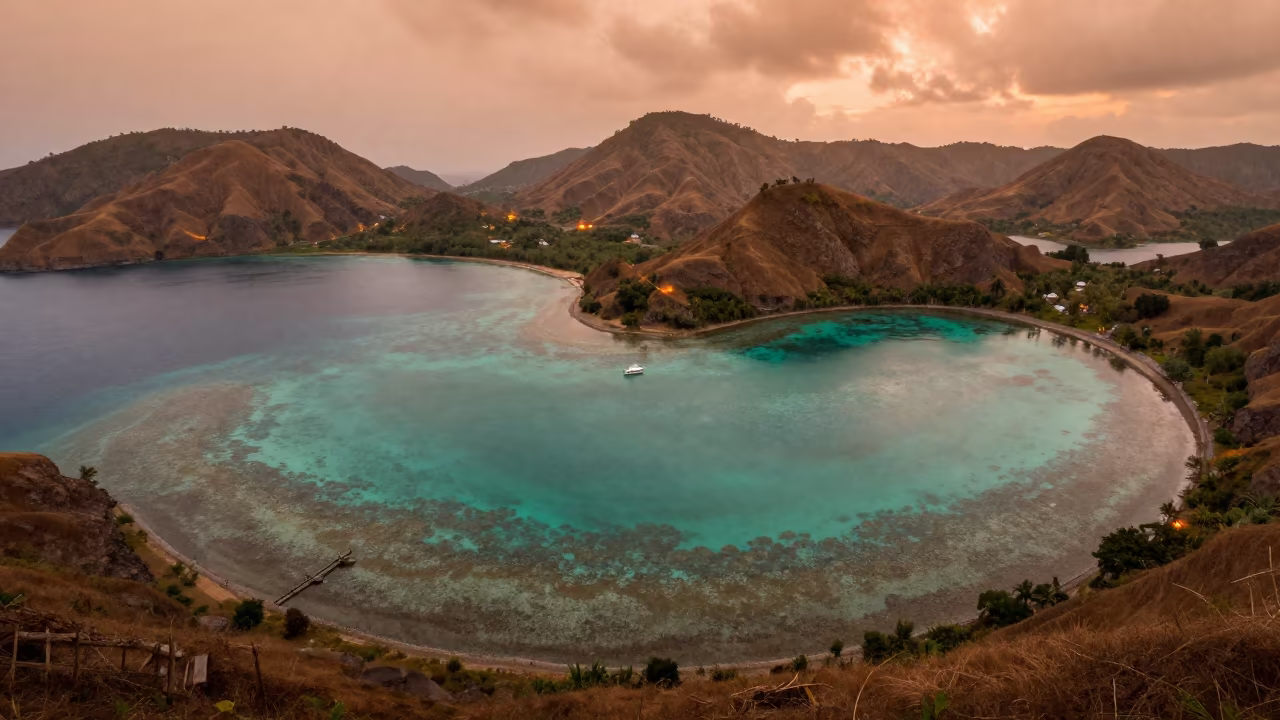Copper Light Over Thai Coral Atoll Lagoon in from a ridge above layered foothills in Thailand