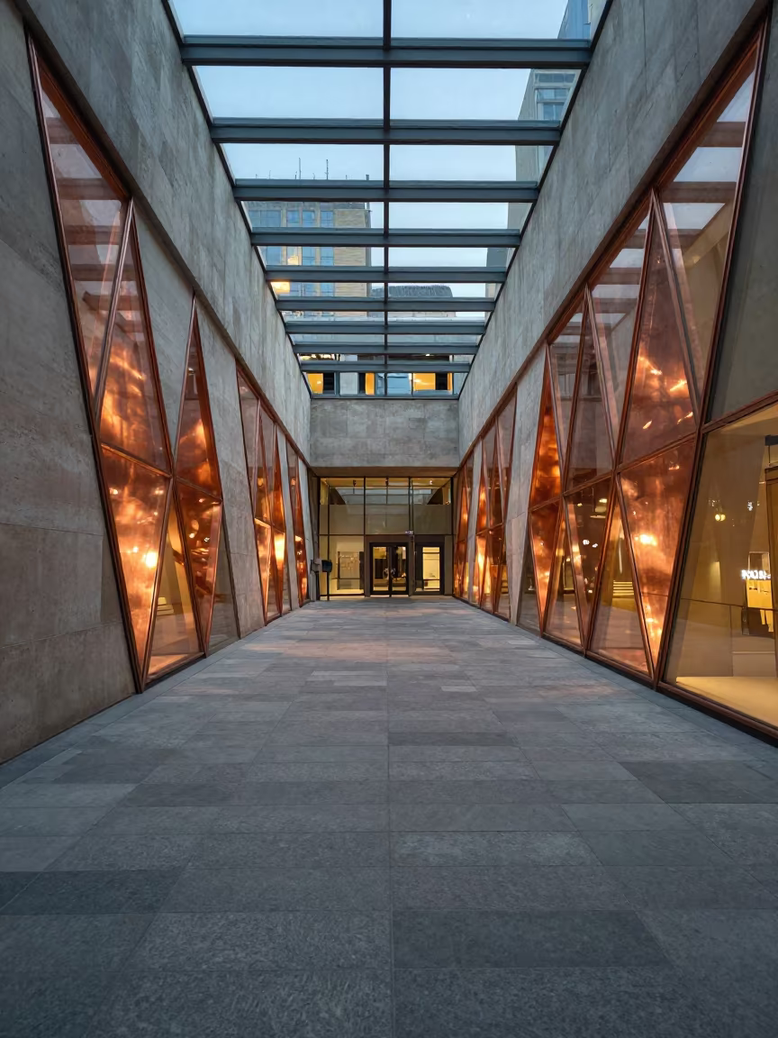Copper Light on Triangular Panels London Passageway in inside a skylit passageway in London