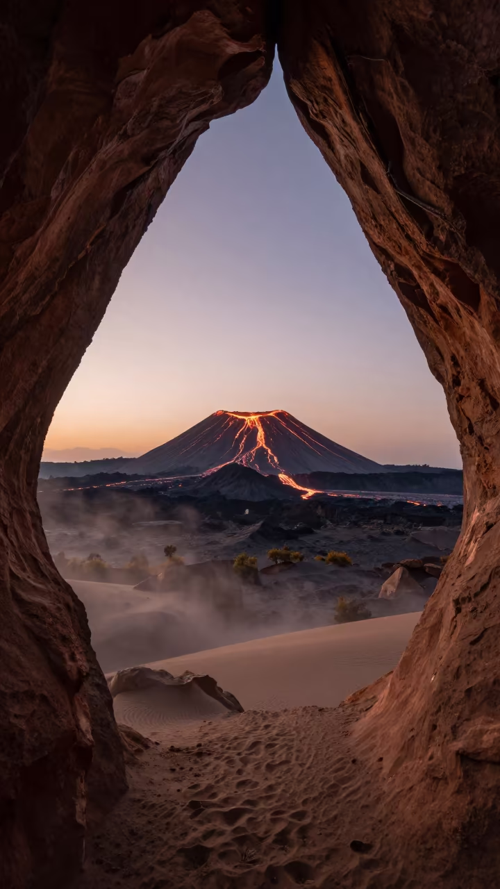 Copper Light Over Volcanic Island Night Reflection in beneath a wind-cut desert escarpment near Kathmandu