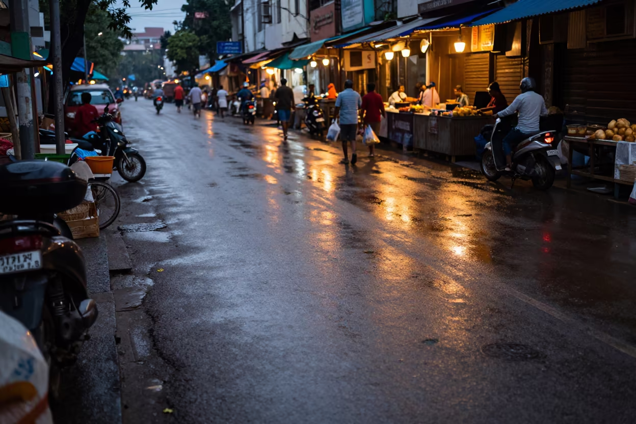 Copper Light on Wet Bhubaneswar Pavement in along a market-lined side street in Bhubaneswar