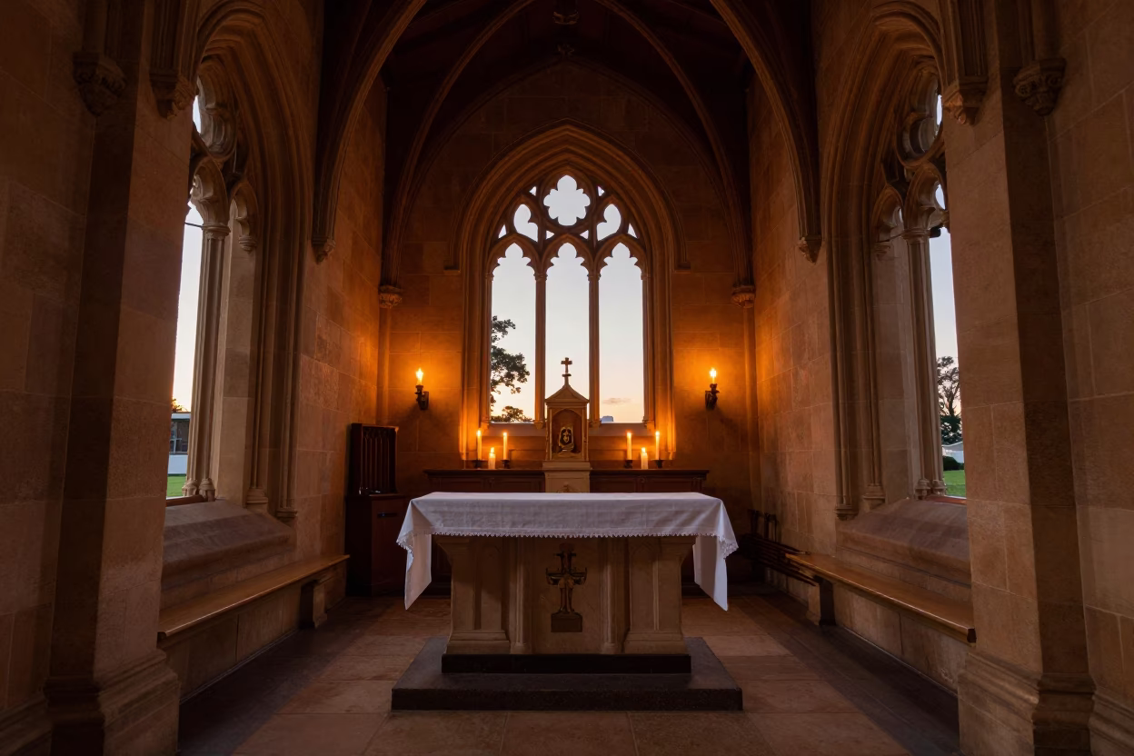 Copper Light on White Linen Altar in Sydney in along a monastery corridor in Chippendale, Sydney