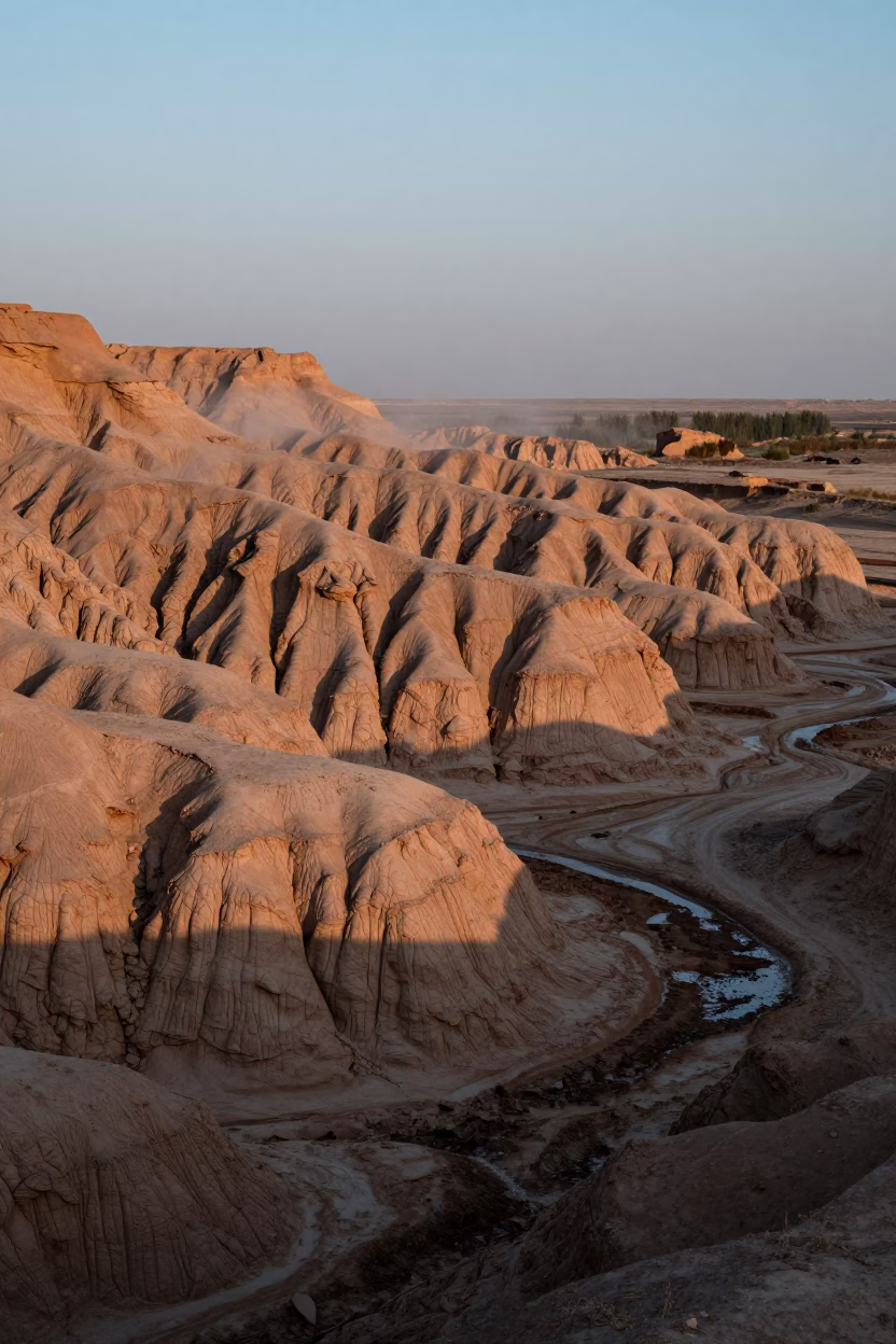 Copper Light on Wind Carved Clay Ridges in across a floodplain after rain near Isfahan