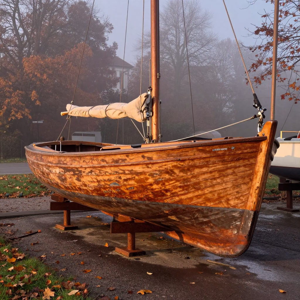 Copper Light Wooden Sailboat Sendling Autumn Mist in along a switchback approach near Sendling, Munich