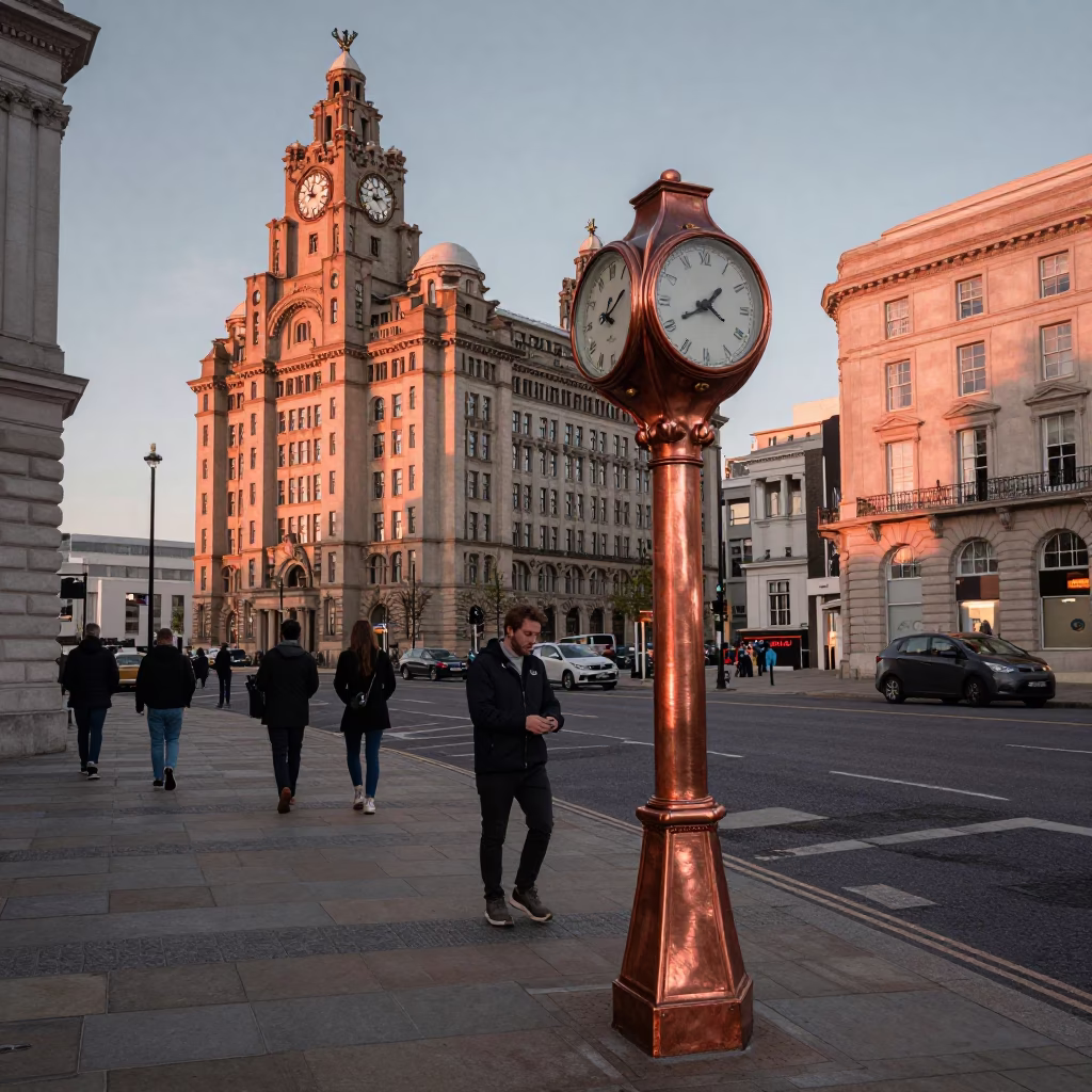Copper-lit Liverpool Street Scene with Chess Clock and Brushed Steel Kettle Lid in in Liverpool, United Kingdom
