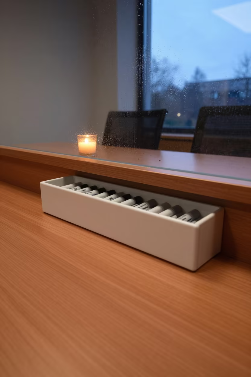 Copper Lit Marker Drawer in Odense Boardroom in at a boardroom table before a meeting in Odense