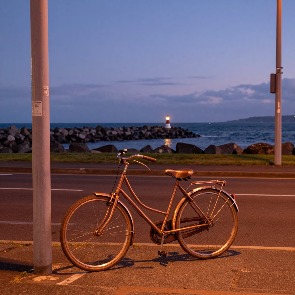 Copper-Lit Wellington Evening Scene with Vintage Bicycle and Coastal Breakwater in in Wellington, New Zealand