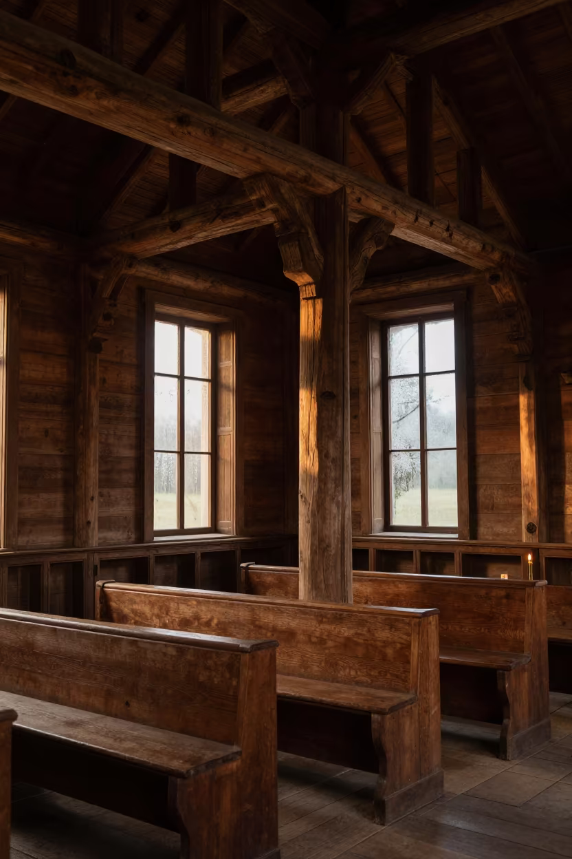 Copper Lit Wooden Stave Church Interior Mbarara in inside a candlelit nave in Mbarara