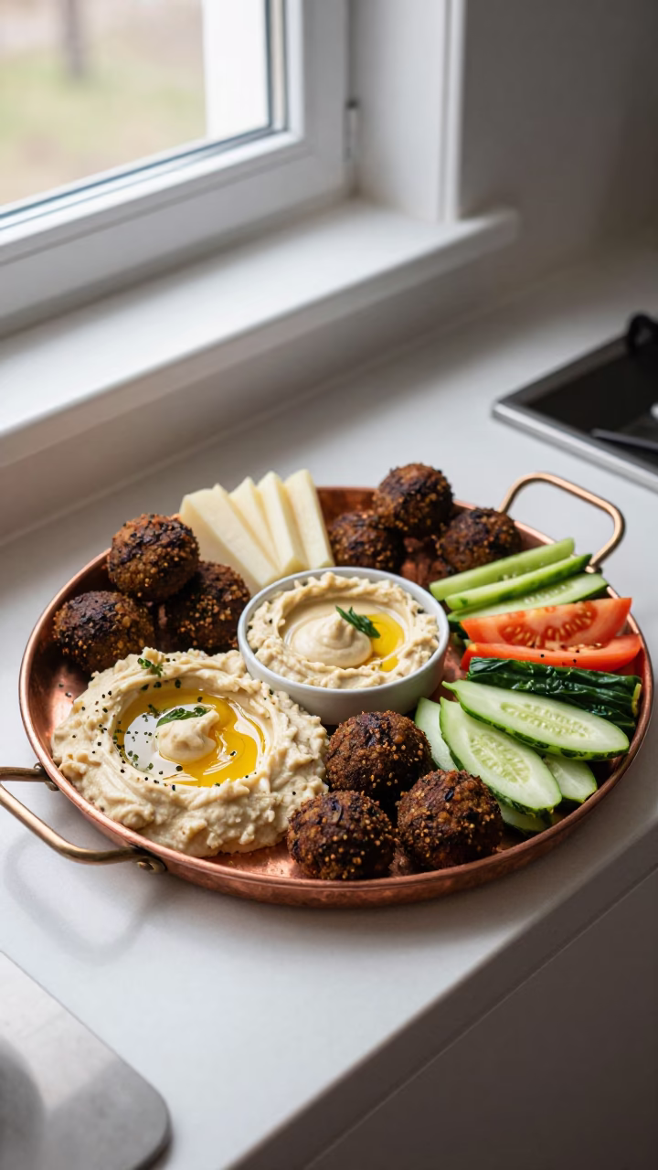Copper Mezze Tray Bright Morning Light Changchun in on a kitchen worktop in Changchun
