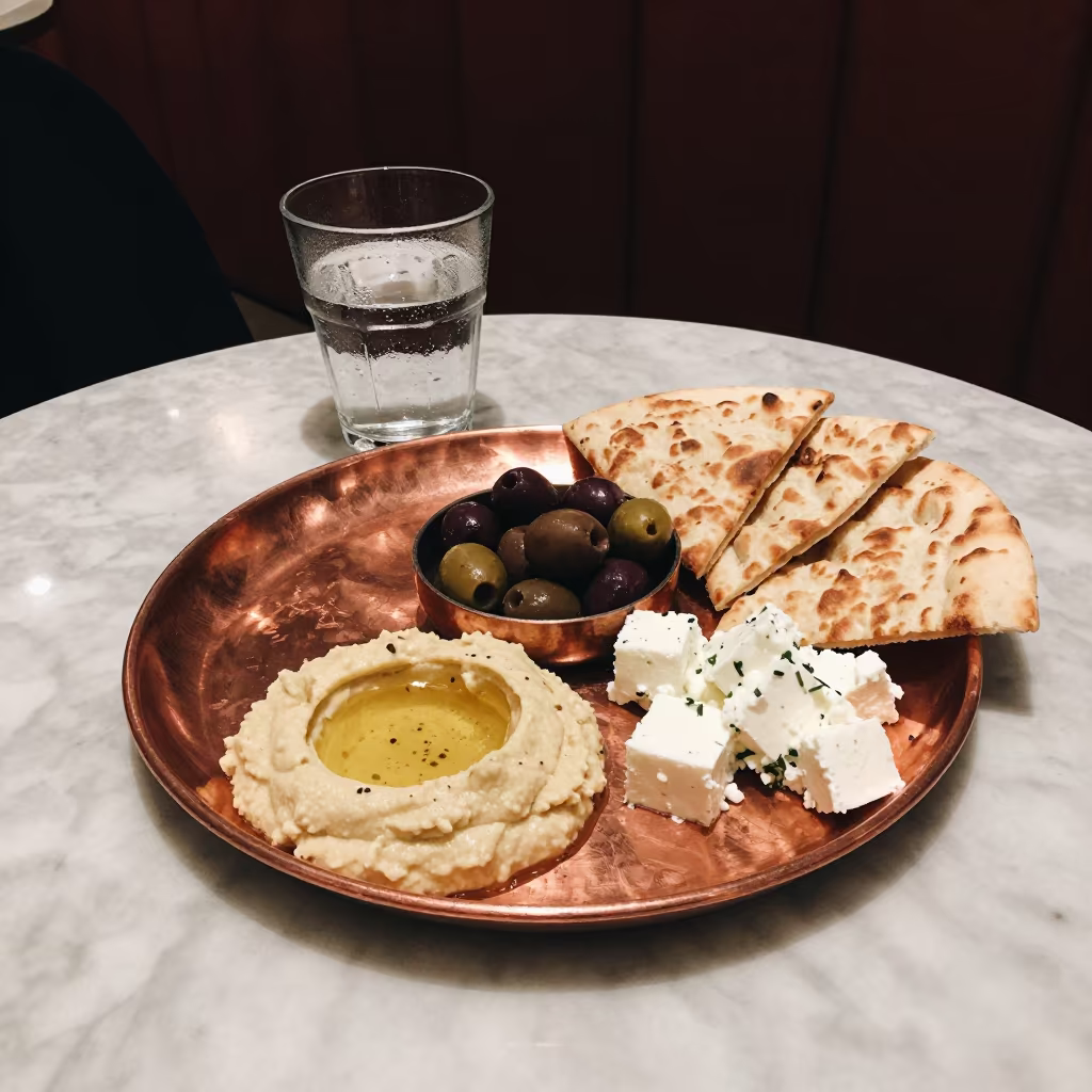 Copper Mezze Tray on Marble Cafe Table in on a marble cafe table in Tempelhof, Berlin