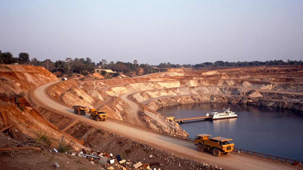 Copper Mine Pit Haul Trucks on Cambodian Ferry in across a remote ferry crossing in Cambodia