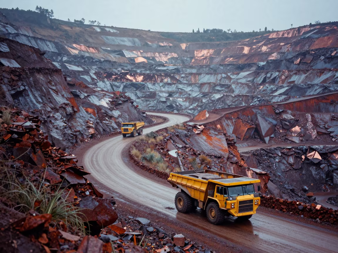 Copper Mine Pit Trucks at First Light in across a remote ferry crossing near Guadalajara