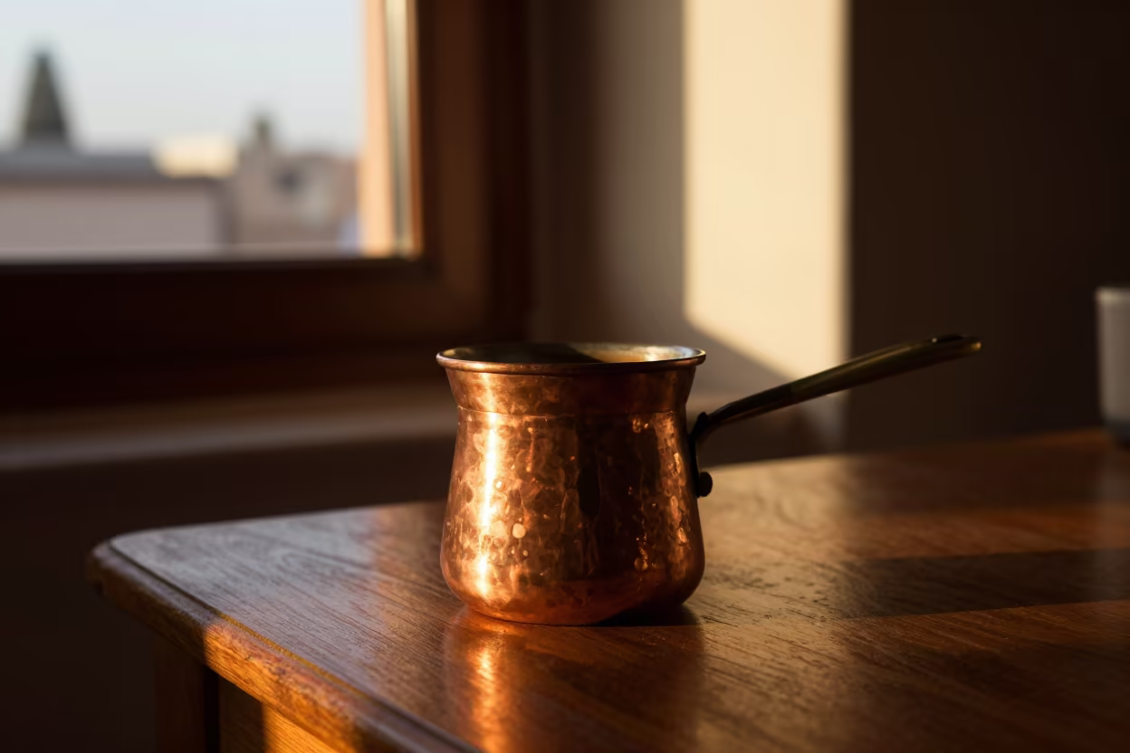 Copper Mocha Pot Golden Hour Near Tlemcen in on a writing desk near Tlemcen